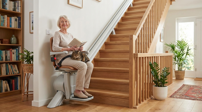 Eine ältere Dame sitzt entspannt und sicher auf einem modernen Treppenlift, der an einer Holztreppe in einem gepflegten Einfamilienhaus installiert ist.