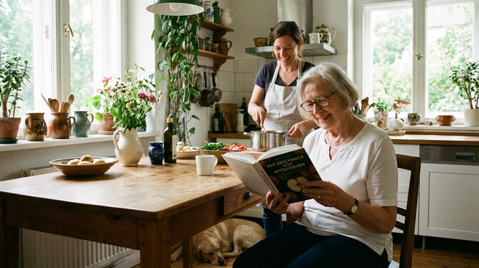 Eine ältere Dame sitzt entspannt am Küchentisch und liest ein Buch, während ihre Tochter im Hintergrund liebevoll das Mittagessen zubereitet. Helle, freundliche Atmosphäre, realistischer Fotostil.