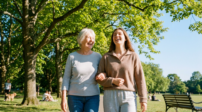 Eine fröhliche Seniorin spaziert mit einer jungen Alltagsbegleiterin durch einen sonnigen Park. Grüne Bäume, blauer Himmel, entspannte und vertraute Stimmung, hochwertiges Foto ohne Text.