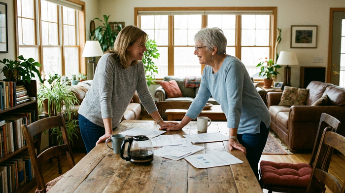 Zwei Frauen sitzen bei einer Tasse Kaffee zusammen am Esstisch und besprechen Unterlagen. Vertrauensvolle Atmosphäre, helles Wohnzimmer, natürliches Licht, ohne lesbaren Text auf den Papieren.