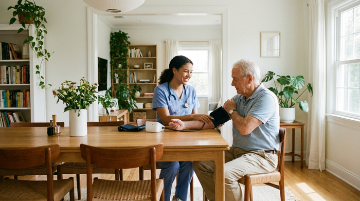Eine freundliche Pflegekraft misst den Blutdruck eines älteren Herrn am Esstisch. Helles, aufgeräumtes Esszimmer, medizinische Routine, realistische Szene ohne Text.