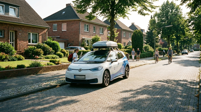 Ein kleines, modernes Pflegeauto parkt in einer typischen Wohnstraße an einem sonnigen Tag. Gepflegte Umgebung, Mobilität im Stadtteil, realistische Szene ohne Text.