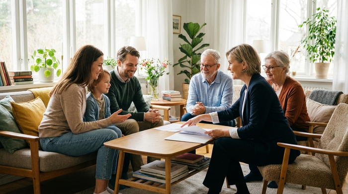 Eine Familie sitzt gemeinsam mit einer Pflegedienstleitung am Wohnzimmertisch und bespricht entspannt Unterlagen. Vertrauensvolles Erstgespräch, helle Umgebung, keine lesbaren Texte.