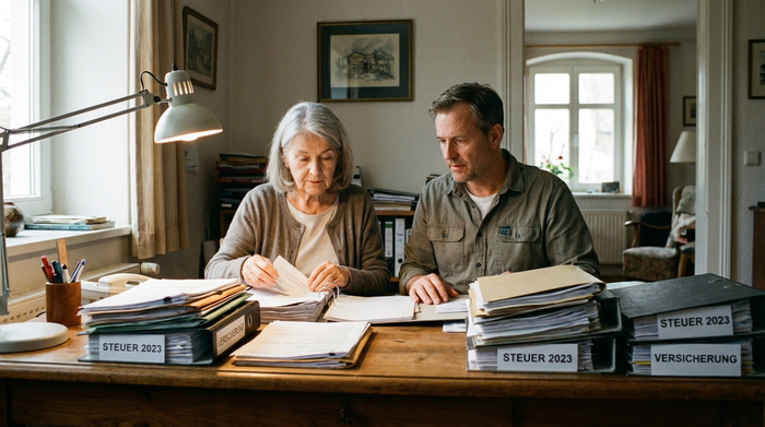 Eine ältere Frau und ihr Sohn sitzen am Schreibtisch und sortieren übersichtlich Dokumente. Ernsthafte, aber entspannte Stimmung, familiäre Unterstützung, realistische Szene.