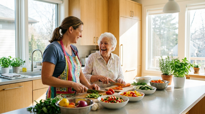 Eine freundliche Betreuerin kocht gemeinsam mit einer älteren Dame in einer modernen, hellen Küche. Beide lachen fröhlich beim Schneiden von frischem Gemüse.