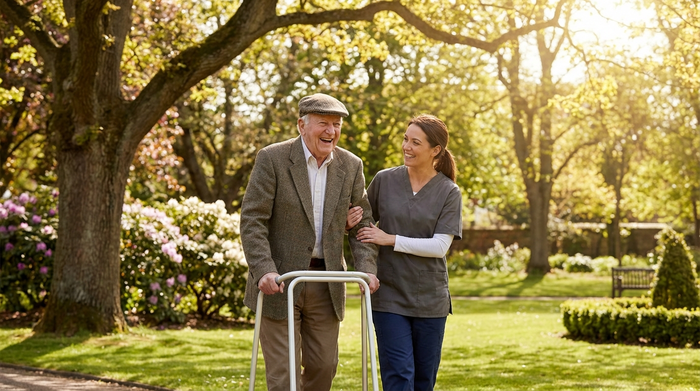 Ein älterer Mann spaziert entspannt mit seinem Rollator durch einen grünen, gepflegten Park, begleitet von einer aufmerksamen Betreuungskraft bei strahlendem Sonnenschein.