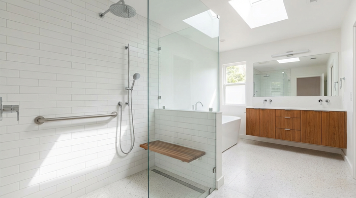 Ein modern renoviertes, helles Badezimmer mit einer geräumigen, bodengleichen Dusche, einer eleganten Glaswand und stabilen Haltegriffen an den sauberen, weißen Fliesen.