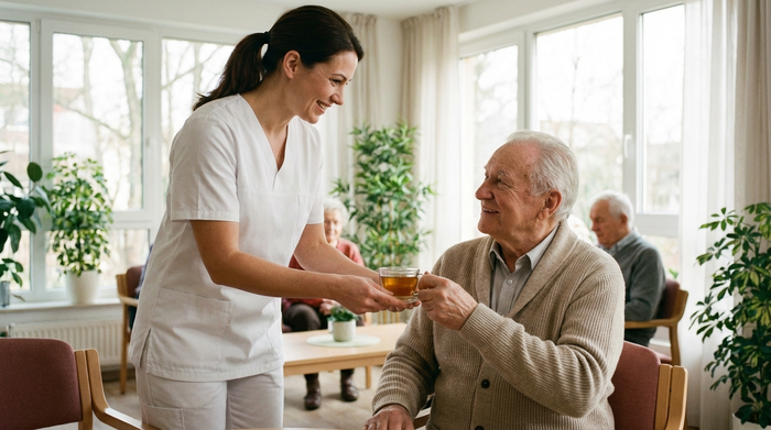 Eine fürsorgliche Pflegekraft in weißer Berufskleidung reicht einem lächelnden Senior eine Tasse Tee in einem hellen, freundlichen Aufenthaltsraum. Realistische, warme Atmosphäre, weiches Tageslicht.