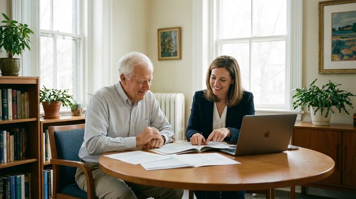 Ein älterer Herr sitzt gemeinsam mit einer Beraterin an einem runden Holztisch in einem hellen Büro. Sie betrachten gemeinsam Dokumente. Professionelle, vertrauensvolle Atmosphäre, weiches Licht.