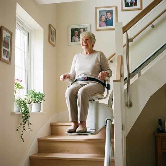 Eine fröhliche Seniorin nutzt einen modernen Treppenlift in einem gepflegten Einfamilienhaus. Sie lächelt entspannt. Helles Treppenhaus, realistische und sichere Umgebung.
