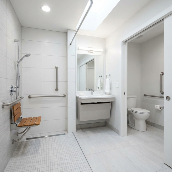 Ein modernes, barrierefreies Badezimmer mit einer ebenerdigen Dusche, Haltegriffen und hellen Fliesen. Sauber, sicher und gut beleuchtet.