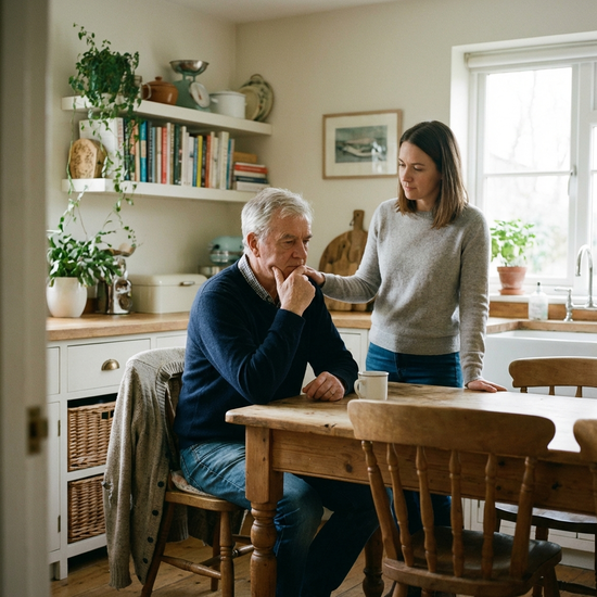 Ein älterer Herr mit grauem Haar sitzt nachdenklich an einem rustikalen Küchentisch, während seine erwachsene Tochter ihm tröstend die Hand auf die Schulter legt. Die Küche ist gemütlich und aufgeräumt, beleuchtet von weichem Tageslicht.
