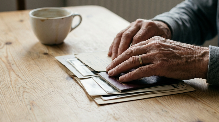 Eine detailreiche Nahaufnahme von Händen einer älteren Person, die sorgfältig verschiedene Dokumente auf einem hellen Holztisch ordnet. Im Hintergrund steht unscharf eine weiße Kaffeetasse. Helle, klare Beleuchtung.