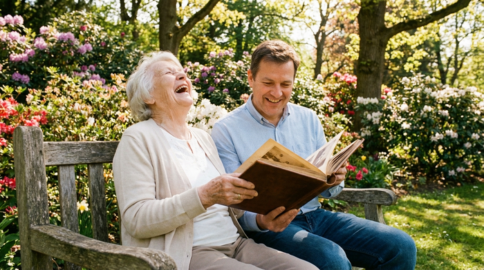 Zwei Personen sitzen auf einer Holzbank in einem blühenden Park. Eine alte Frau lacht herzlich, während ihr Sohn ihr ein altes Fotoalbum ohne erkennbaren Text zeigt. Sonniges Wetter, alte Bäume im Hintergrund.