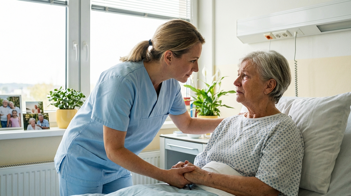 Eine professionelle Pflegekraft in hellblauer Dienstkleidung spricht tröstend mit einer besorgten älteren Dame in einem sterilen, aber freundlichen Krankenhauszimmer. Helles Tageslicht, realistisch, Fokus auf Empathie und Vertrauen.