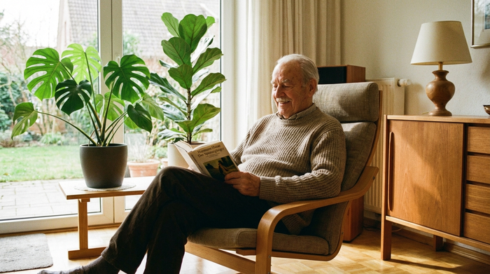 Ein älterer Herr sitzt entspannt in einem bequemen Sessel in einem modernen, sonnendurchfluteten Zimmer eines Seniorenheims und liest ein Buch. Warme Holztöne, grüne Zimmerpflanzen am Fenster, friedliche Stimmung.
