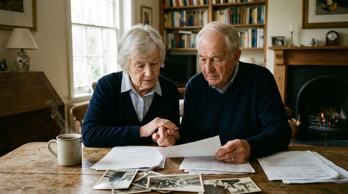 Ein älteres Ehepaar sitzt gemeinsam an einem rustikalen Holztisch und betrachtet nachdenklich, aber ruhig einige Dokumente. Eine Tasse Kaffee steht auf dem Tisch. Gemütliche häusliche Umgebung, weiches Licht, realistisch.
