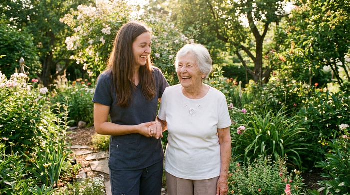 Eine freundliche, junge Betreuerin hilft einer lächelnden Seniorin beim Gehen im eigenen Garten. Viel Grün, strahlender Sonnenschein, vertrauensvolle Interaktion, realistischer und positiver Fotostil ohne Schriften.