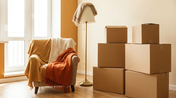 Gepackte Umzugskartons in einem aufgeräumten, hellen Zimmer. Ein gemütlicher Ohrensessel und eine klassische Stehlampe stehen daneben bereit für den Transport. Warme Farben, Vorfreude auf das neue Zuhause, keine Texte auf den Kartons.