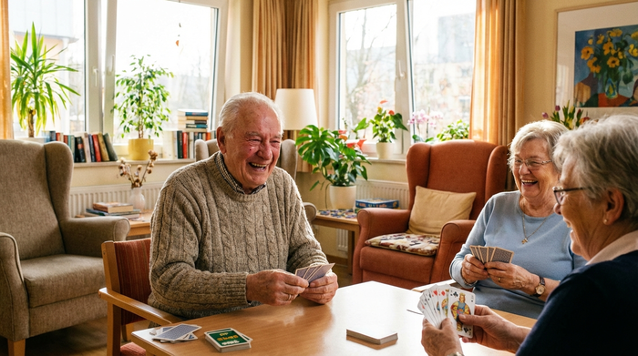 Ein älterer Herr lacht herzlich beim gemeinsamen Kartenspiel mit zwei anderen Senioren in einem gemütlichen, hellen Aufenthaltsraum einer Tagespflege.