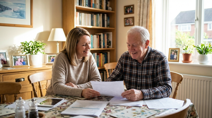 Eine erleichterte Tochter sitzt mit ihrem älteren Vater am Esstisch im heimischen Wohnzimmer und bespricht entspannt Dokumente.
