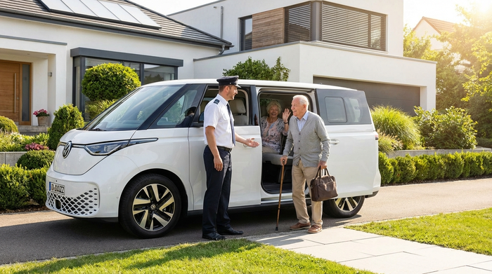 Ein moderner, weißer Kleinbus mit geöffneter Schiebetür steht an einem sonnigen Morgen vor einem gepflegten Einfamilienhaus, ein freundlicher Fahrer hilft einem Senior beim Einsteigen.