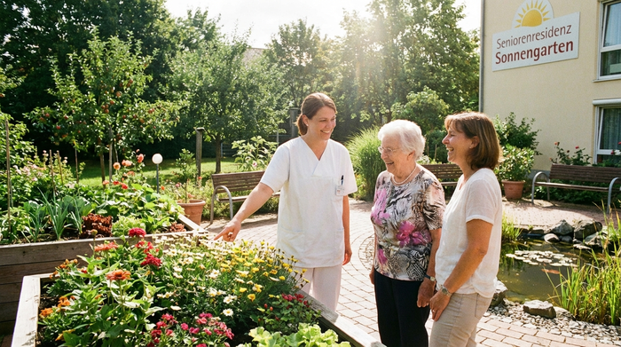 Eine sympathische Pflegekraft zeigt einer interessierten Seniorin und ihrer Tochter bei einem Rundgang den sonnigen, bepflanzten Garten einer Pflegeeinrichtung.