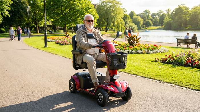 Ein rüstiger Senior fährt an einem sonnigen Tag mit einem modernen, roten Elektromobil entspannt über einen asphaltierten Weg in einem grünen Park.