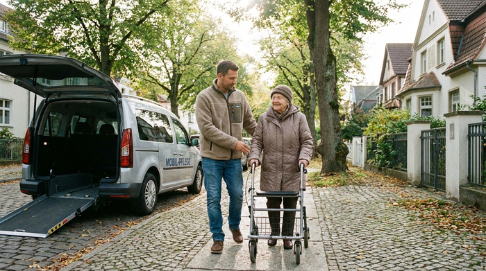 Ein geduldiger Pfleger begleitet eine ältere Dame mit Rollator behutsam über einen gepflasterten Gehweg zu einem wartenden Transportfahrzeug. Die Umgebung ist eine ruhige Wohnstraße im Grünen.