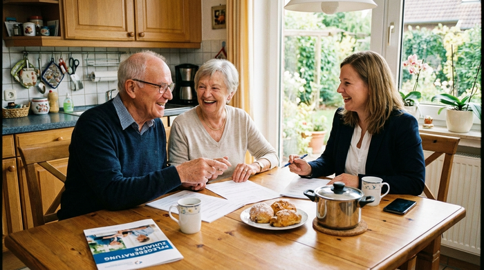 Ein älteres Ehepaar sitzt entspannt am Küchentisch und bespricht gut gelaunt Dokumente mit einer freundlichen Pflegeberaterin bei einer Tasse Kaffee.