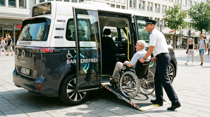 Ein moderner Kleinbus mit ausgefahrener, stabiler Rollstuhlrampe am Heck. Ein Fahrer schiebt einen Senior im Rollstuhl sicher und aufmerksam in das helle Fahrzeuginnere.