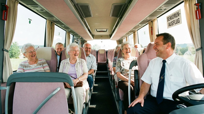 Ein empathischer Fahrer unterhält sich lachend mit mehreren Senioren im hellen Innenraum eines geräumigen und komfortablen Busses. Die Senioren wirken entspannt und glücklich.
