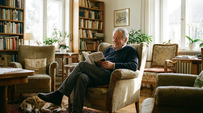 Älterer Herr mit grauem Haar lächelt entspannt in einem bequemen Sessel in einem hellen Wohnzimmer. Er liest ein Buch. Realistische, friedliche Szene, gemütliche und altersgerechte Einrichtung.