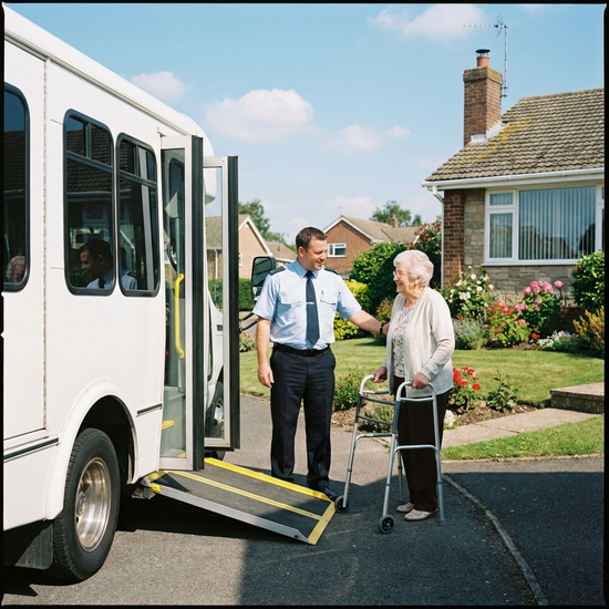 Barrierefreier Kleinbus steht vor einem gepflegten Haus. Ein freundlicher Fahrer hilft einer lächelnden Seniorin behutsam beim Einsteigen. Sonniges Wetter, klare Umgebung, keine Schriftzüge auf dem Fahrzeug.