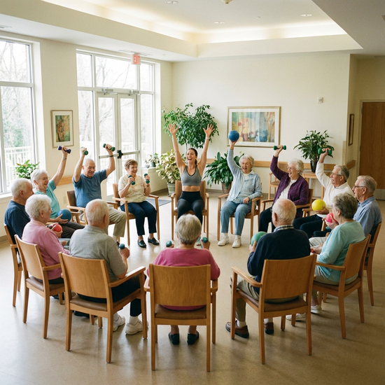 Gruppe von Senioren macht leichte Sitzgymnastik im Stuhlkreis. Eine motivierte Therapeutin macht die Übungen vor. Helle, gut beleuchtete Räumlichkeit, fröhliche Gesichter.