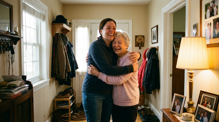 Tochter und ältere Mutter umarmen sich herzlich im Flur eines Hauses. Beide strahlen vor Freude und Erleichterung. Warme Beleuchtung, emotionale und realistische Szene, die Verbundenheit zeigt.