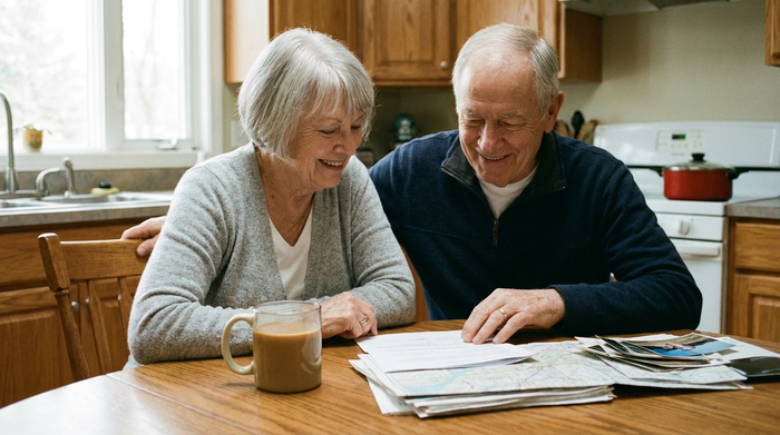 Älteres Ehepaar sitzt am Esstisch und schaut zufrieden auf einige Dokumente. Eine Tasse Kaffee steht auf dem Tisch. Entspannte Stimmung, keine Geldscheine oder lesbarer Text im Bild.
