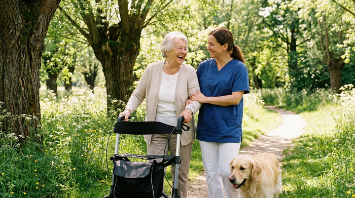 Pflegekraft und Seniorin unterhalten sich vertraut bei einem Spaziergang in einem grünen Park. Die Seniorin nutzt einen modernen Rollator. Sonnenschein, Natur, harmonische Atmosphäre.