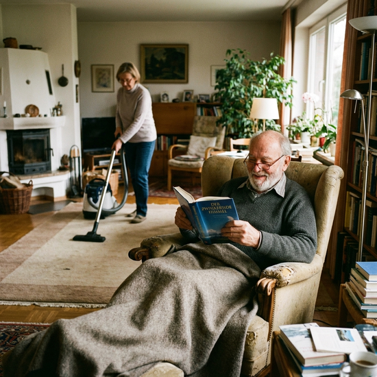 Ein älterer Herr sitzt entspannt im Sessel und liest ein Buch, während im Hintergrund eine Reinigungskraft leise den Teppichboden staubsaugt. Gemütliches Wohnzimmer.
