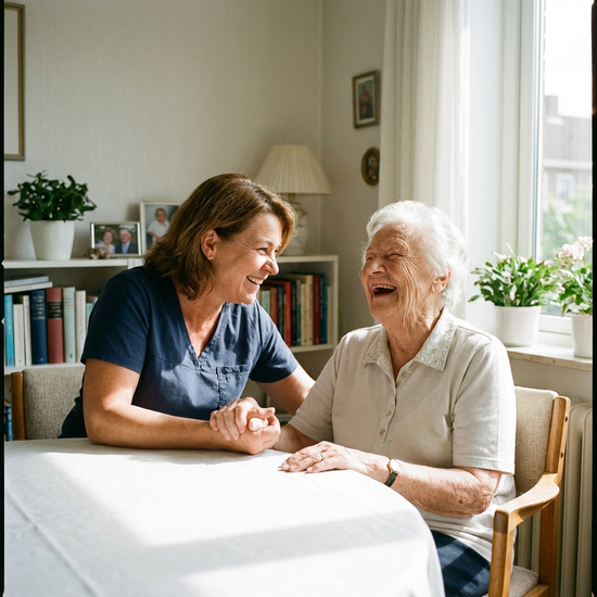 Eine einfühlsame Betreuerin sitzt mit einer Seniorin am Esstisch. Beide lachen herzlich miteinander. Freundliche und vertrauensvolle Stimmung in einem aufgeräumten Raum.