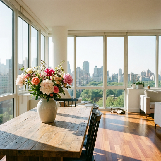 Eine frisch geputzte, strahlende Wohnung mit großen Fenstern, durch die die Sonne scheint. Eine Vase mit frischen Blumen steht auf dem Esstisch.