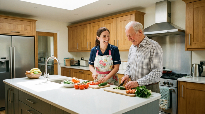 Eine engagierte Alltagsbegleiterin hilft einem älteren Herrn beim gemeinsamen Kochen in einer sauberen, modernen Küche. Beide schneiden frisches Gemüse und lachen. Realistische, warme Szene ohne Text.