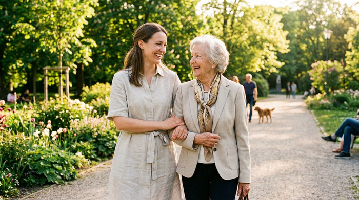 Zwei Frauen, eine jüngere Betreuerin und eine Seniorin, spazieren entspannt durch einen grünen Park bei sonnigem Wetter. Sie haken sich unter und lächeln glücklich. Helle, freundliche Umgebung.