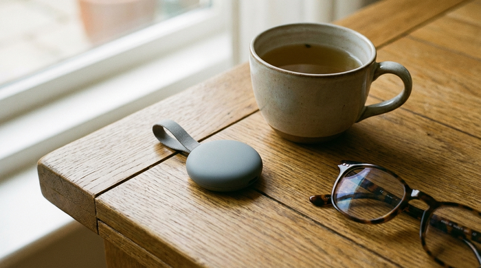 Ein moderner, unauffälliger Hausnotruf-Knopf liegt auf einem sauberen Holztisch neben einer Tasse Tee und einer Lesebrille. Helles, beruhigendes Licht, fokussierte Nahaufnahme ohne Text.