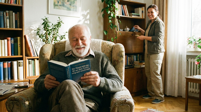 Ein älterer Mann sitzt entspannt in seinem Sessel und liest ein Buch, während im Hintergrund eine Betreuungskraft lächelnd das Zimmer aufräumt. Friedliche und entspannte Stimmung.