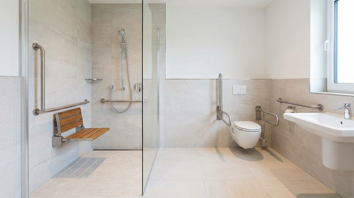 Ein modern umgebautes, barrierefreies Badezimmer mit einer ebenerdigen Dusche, einem Duschsitz und stabilen Haltegriffen. Hell gefliest, sauber, sicher und altersgerecht eingerichtet.