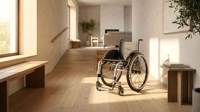 Ein moderner, leichter Rollstuhl steht im hellen Flur einer gepflegten Wohnung. Sauberes, barrierefreies Umfeld, hochwertige Materialien, warmes Licht.