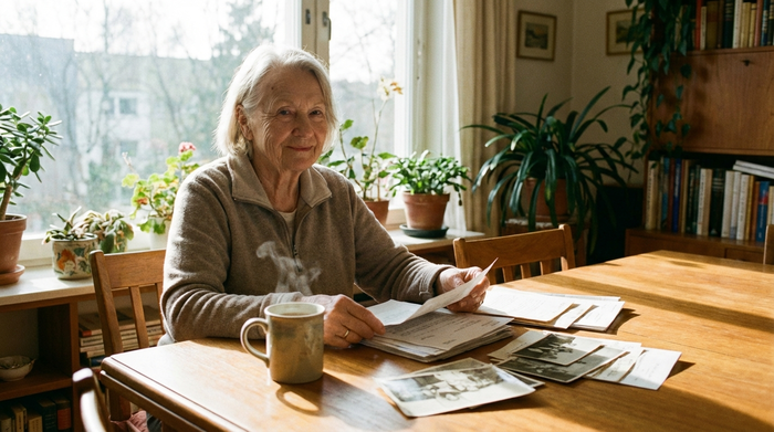 Eine ältere Dame sitzt am Esstisch und sortiert entspannt Unterlagen. Eine Tasse Tee steht daneben. Ruhige, zuversichtliche Stimmung, helles Tageslicht, keine lesbaren Texte.