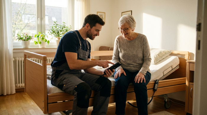 Ein Techniker zeigt einer Seniorin die Fernbedienung eines elektrischen Pflegebetts. Die Seniorin nickt verständnisvoll. Helles Schlafzimmer, professionelle und empathische Interaktion.