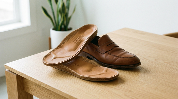 Eine Nahaufnahme von hochwertigen, maßgefertigten orthopädischen Einlagen, die neben einem bequemen, eleganten Halbschuh auf einem hellen Holztisch liegen. Weiches Licht, saubere und aufgeräumte Umgebung.